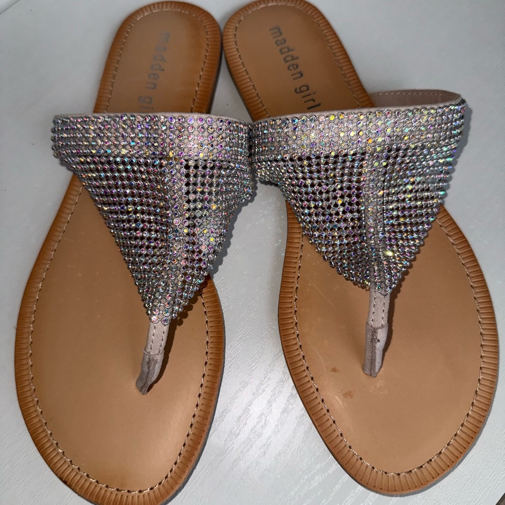 Madden Girl Tan Thong Sandals with Iridescent Crystal Upper NEW